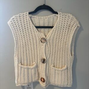 crochet sweater vest with gold buttons